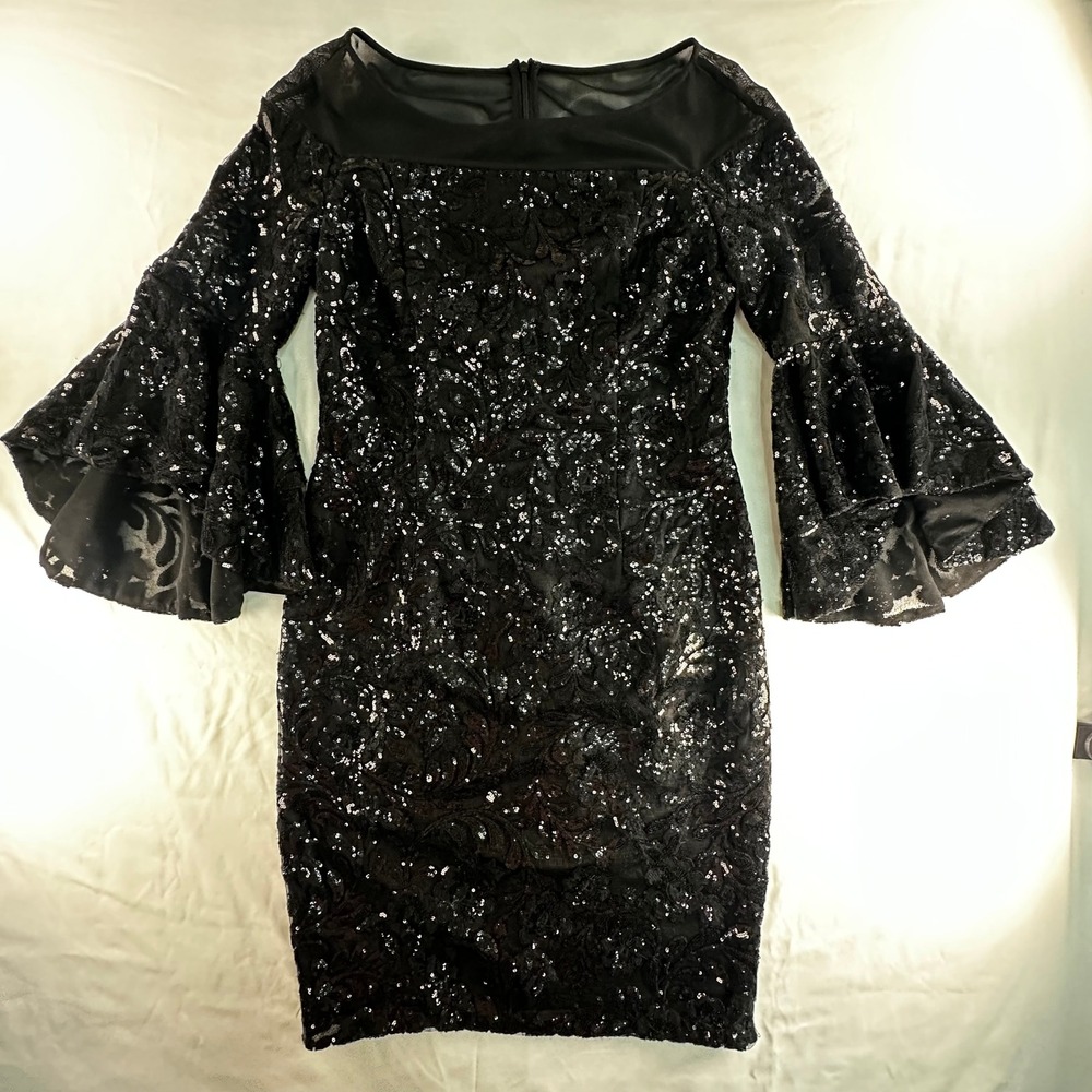 Calvin Klein Womens Black Sequin Lace Bell Sleeve Sheath Dress 8 CD8B25XE